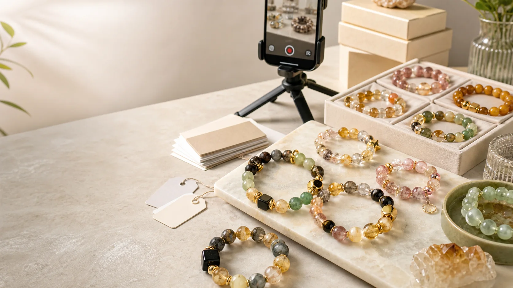 Crystal bracelet wholesale content studio with packaging and social-commerce filming setup