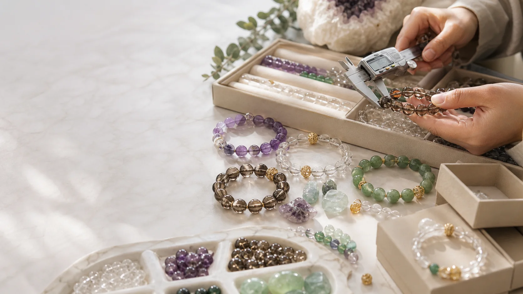 Crystal bracelet source inspection and sample selection table